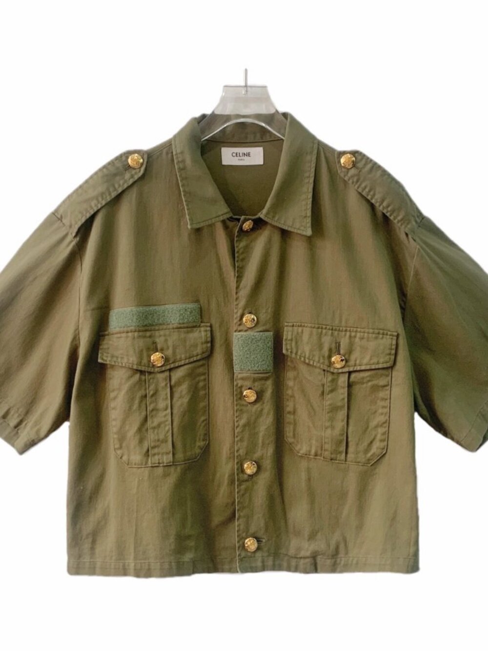 H32452 Celine 22 models military green-breasted short-sleeved shirt 36 S size